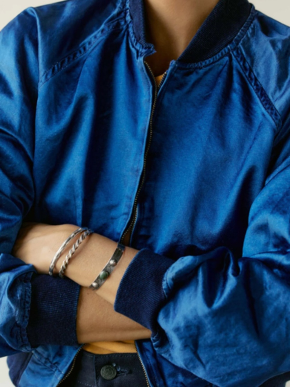 Imogene + Willie Shelbyville Indigo Satin Jacket Cropped Bomber - Picture 6 of 6